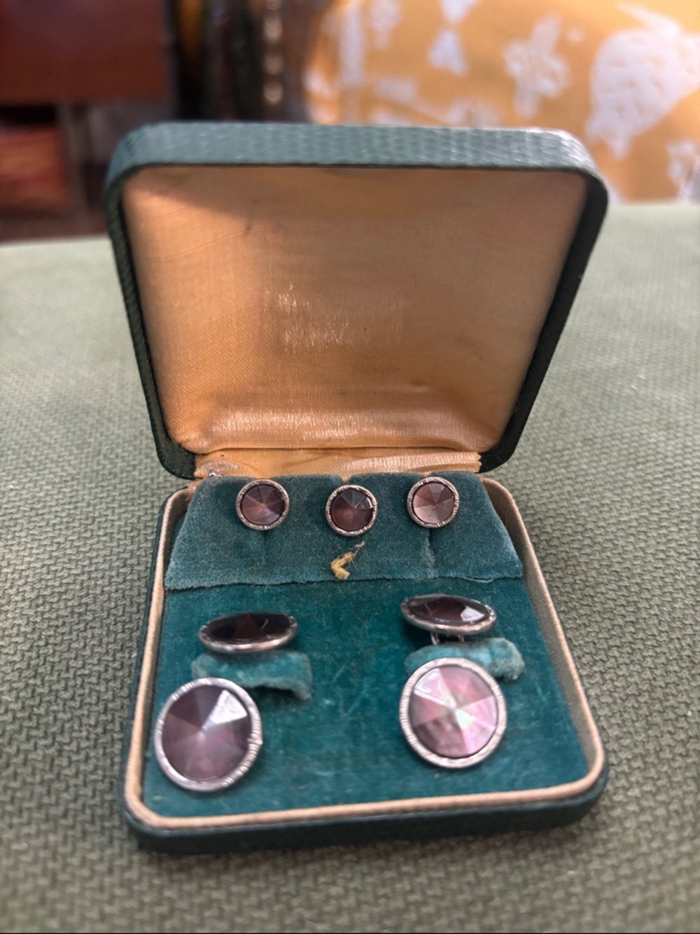 Vintage art deco silver and smoke mother of pearl cuff links and button studs